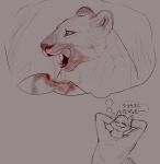 2024 anthro eyes_closed felid female feral hands_behind_head hi_res licking licking_lips lion lying male mammal mouth_closed on_back open_mouth pantherine realistic_feral sijimmy456 simple_background smile snaggle_tooth solo text thought_bubble tongue translation_check translation_request
