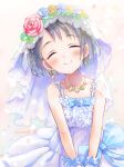  1girl bare_shoulders black_hair blue_bow blue_bowtie blue_flower blue_rose blurry blush bow bowtie braid breasts bridal_veil closed_eyes closed_mouth collarbone depth_of_field dot_nose dress dress_bow earrings falling_petals flower head_wreath highres idolmaster idolmaster_cinderella_girls idolmaster_cinderella_girls_starlight_stage jewelry mitsuyahachiko necklace petals pink_background red_flower red_rose rose sasaki_chie short_hair simple_background sleeveless sleeveless_dress small_breasts smile solo twitter_username veil white_dress yellow_flower yellow_rose 