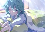  1girl aosaki_yato aqua_eyes aqua_hair blanket blush closed_mouth commentary hatsune_miku highres messy_hair morning one_eye_closed outstretched_arm pajamas pillow reaching sidelighting solo spring_onion_print under_covers vocaloid window 