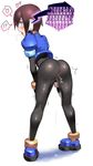  1girl aile arched_back ass black_bodysuit blue_footwear blue_jacket blush bodystocking bodysuit brown_hair commentary_request cropped_jacket from_behind full_body gloves gold_trim green_eyes heart jacket legs_apart looking_at_viewer open_mouth pussy_juice rockman rockman_zx shiny shiny_clothes short_hair skin_tight solo spandex speech_bubble spoken_heart standing tongue tongue_out ukimukai wall_of_text 
