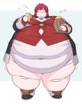  absurdres ange_katrina ange_katrina_(1st_costume) bag big_belly black_coat blue_eyes blush burger button_gap cardigan coat commentary commission commissioner_upload dress fat fat_rolls food food_on_face hair_between_eyes hair_intakes highres nijisanji obese open_mouth paper_bag red_cardigan red_hair short_hair skeb_commission taut_clothes thick_thighs thighs triangle_hair_ornament vesba virtual_youtuber white_dress 