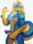  2017 abs anthro balls blue_eyes capcom claws erection fanged_wyvern fur hair horn male monster_hunter muscular muscular_male nude penis scales simple_background solo video_games xuan_sirius zinogre 