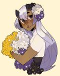  1girl black_eyes bouquet commentary dark-skinned_female dark_skin demon_girl demon_horns english_commentary flower from_side gradient_hair hair_flower hair_ornament holding holding_bouquet horns kiwifie long_hair looking_at_viewer multicolored_hair original parted_lips purple_hair shirt simple_background solo upper_body white_shirt yellow_background 