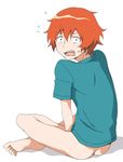  1boy ass black_eyes blush bottomless feet guranaada implied_masturbation male_focus no_pants red_hair sanada_yuki simple_background surprised sweat tsuritama white_background 