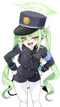 1girl belt black_belt black_hat black_jacket black_shorts black_tail blue_archive blush buttons demon_tail double-breasted feet_out_of_frame freedom_(aass5404) gloves green_hair green_halo hair_between_eyes halo hat highlander_twintails_conductor_(blue_archive) highres jacket long_hair long_sleeves open_mouth pantyhose peaked_cap pointy_ears shorts simple_background smile solo tail twintails white_background white_gloves white_pantyhose yellow_eyes 