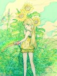  1girl bare_shoulders blonde_hair blue_sky camisole cloud day flower gacho_p green_eyes hair_down hose idolmaster idolmaster_cinderella_girls jougasaki_rika long_hair looking_at_viewer looking_back nature outdoors short_shorts shorts sketch sky solo sunflower watering 