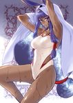  animal_ears armpits arms_up bangs bed_sheet blanket breasts collarbone commentary_request dark_skin earrings egyptian facepaint fate/grand_order fate_(series) hair_between_eyes hair_tubes highres hoop_earrings jackal_ears jewelry long_hair looking_at_viewer low-tied_long_hair medium_breasts nitocris_(fate/grand_order) nitocris_(swimsuit_assassin)_(fate) one-piece_swimsuit parted_lips purple_eyes purple_hair solo swimsuit takanashi_ringo tsurime very_long_hair wet white_swimsuit 