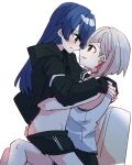  2girls backlighting black_choker black_jacket blue_eyes blue_hair blush bob_cut choker clothes_pull couch dark_blue_hair diagonal_bangs dollchestra eye_contact face-to-face from_side girl_on_top grey_hair hair_down hand_on_another&#039;s_ass hand_under_clothes hands_on_another&#039;s_shoulders highres hood hooded_jacket inverted_bob jacket kanduki_kamibukuro link!_like!_love_live! long_hair long_sleeves looking_at_another love_live! multicolored_hair multiple_girls murano_sayaka noses_touching on_couch open_mouth parted_lips pulling_another&#039;s_clothes red_eyes red_hair short_hair shorts shorts_pull simple_background sitting smile straddling streaked_hair tank_top upright_straddle virtual_youtuber white_background white_tank_top yugiri_tsuzuri yuri 