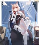  absurdres animal_ear_fluff animal_ears arknights armchair black_shirt blonde_hair blue_background bm_(bm364364) boots breasts bright_pupils capelet chair chinese_commentary cleavage cup drink feet foot_focus highres holding holding_cup large_breasts legs long_hair looking_at_viewer no_shoes pantyhose pozyomka_(arknights) presenting_foot red_eyes shirt sitting soles solo table thigh_strap toes twitter_username unworn_boots white_capelet white_footwear white_pantyhose white_pupils 