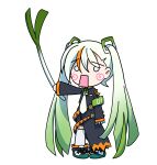  1girl absurdres aosaki_yato armband belt black_jacket blush_stickers chibi commentary delinquent fighting_miku_(project_voltage) food gradient_hair green_hair hachune_miku hatsune_miku highres holding holding_food holding_spring_onion holding_vegetable jacket leekspin_(meme) long_hair meme miku_miku_ni_shite_ageru_(vocaloid) multicolored_hair necktie o_o open_mouth pokemon project_voltage shoes simple_background sneakers spring_onion thighhighs twintails vegetable very_long_hair vocaloid white_background white_hair white_necktie white_thighhighs 