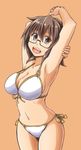  :d absurdres alto-00 armpits arms_up aussa bikini breasts brown_eyes brown_hair cowboy_shot duel_monster front-tie_bikini front-tie_top glasses highres large_breasts looking_at_viewer navel open_mouth short_hair side-tie_bikini smile solo stretch swimsuit white_bikini yuu-gi-ou 