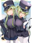  2girls black_hat black_jacket black_shorts black_skirt black_tail blue_archive blush buttons closed_mouth demon_tail double-breasted fang gloves green_hair green_halo halo hat highlander_sidelocks_conductor_(blue_archive) highlander_twintails_conductor_(blue_archive) highres jacket long_hair long_sleeves looking_at_viewer multiple_girls open_mouth pantyhose peaked_cap pleated_skirt pointy_ears shorts sidelocks skin_fang skirt smile tail twintails white_gloves white_pantyhose yellow_eyes yu_ni_t 