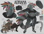 absurd_res adriana_(kitkattwinkie) anthro biped breasts camera clothed clothing color_swatch english_text eyewear female furniture glasses hi_res iguanid lizard model_sheet non-mammal_breasts ramahuro reptile scalie sculpture smile solo stool tail tattoo text