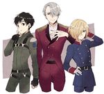  aldnoah.zero black_hair blonde_hair blue_eyes brown_eyes cosplay earbuds earphones green_eyes hair_over_one_eye hand_on_own_chest kaizuka_inaho kaizuka_inaho_(cosplay) katsuki_yuuri kuroemon male_focus military military_uniform multiple_boys pilot_suit silver_hair slaine_troyard slaine_troyard_(cosplay) uniform viktor_nikiforov yuri!!!_on_ice yuri_plisetsky 