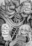  1other absurdres character_doll character_request chronozbergh commentary demon doll elden_ring english_commentary english_text fumo_(doll) greyscale highres holding holding_doll looking_at_viewer miquella_(elden_ring) monochrome sharp_teeth solo speech_bubble teeth traditional_media upper_body 