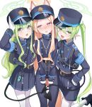  3girls aoyamapink belt black_belt black_hat black_jacket black_pants black_shorts black_skirt black_tail blonde_hair blue_archive blush buttons demon_tail double-breasted earrings fang gloves green_hair green_halo halo hat highlander_sidelocks_conductor_(blue_archive) highlander_twintails_conductor_(blue_archive) highres jacket jewelry long_hair long_sleeves multiple_girls open_mouth pants pantyhose peaked_cap pleated_skirt pointy_ears seia_(blue_archive) shorts sidelocks simple_background single_earring skin_fang skirt smile tail twintails white_background white_gloves white_pantyhose yellow_eyes 