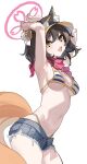  1girl absurdres animal_ear_fluff animal_ears bikini black_hair blue_archive blue_shorts blush breasts chinoryuu colored_eyelashes cowboy_shot fang fox_ears fox_tail hair_between_eyes halo highres izuna_(blue_archive) izuna_(swimsuit)_(blue_archive) medium_breasts navel official_alternate_costume open_mouth pink_halo pink_scarf scarf short_hair short_shorts shorts simple_background skin_fang smile solo striped_bikini striped_clothes swimsuit tail white_background yellow_eyes 