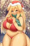 anthro big_breasts bikini blush breasts canid canine canis christmas christmas_clothing christmas_headwear clothed clothing female fur hair hat headgear headwear hi_res holidays horokusa0519 looking_at_viewer mammal santa_hat smile solo swimwear