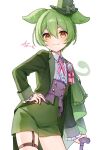  1boy alternate_costume award_ribbon buttons cane cape center_frills closed_mouth coat collared_shirt contrapposto cowboy_shot cross_tie frilled_shirt frills genderswap genderswap_(ftm) green_cape green_coat green_hair green_hat green_shorts guribato hair_between_eyes hand_on_own_hip hat highres long_sleeves looking_at_viewer mini_hat mini_top_hat open_clothes open_coat purple_sash sash shirt short_hair shorts side_cape signature simple_background smile solo standing thigh_strap top_hat very_short_hair voicevox white_background white_shirt yellow_eyes zundamon 