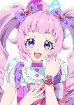  1girl :d ahoge aozora_himari blunt_bangs bow commentary_request drill_hair hair_bow hands_up heart highres himitsu_no_aipri idol_clothes long_hair looking_at_viewer open_mouth pink_hair pretty_series purple_bow purple_eyes simple_background smile solo tsujii_luki twintails upper_body watch white_background wristwatch 