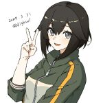  1girl absurdres bigkwl black_hair green_jacket grey_eyes hayasui_(kancolle) highres jacket kantai_collection multicolored_clothes multicolored_jacket official_alternate_costume one-hour_drawing_challenge open_mouth short_hair simple_background smile solo upper_body v white_background 
