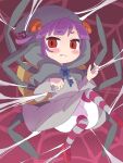  1girl arthropod_girl arthropod_limbs blunt_bangs blush commentary_request dress fairy_wings fang frown full_body grey_dress highres hood hood_up ikzw key looking_at_viewer purple_hair red_background red_eyes red_footwear rilu_rilu_fairilu shoes silk solo spider_(fairilu) spider_girl spider_web sweatdrop wings 