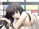  1girl akasen_gairo_~shouwa_33_nen_no_hatsuyuki~ bed bed_sheet black_hair breast_press breasts completely_nude game_cg karazaki_shizue large_breasts long_hair looking_at_viewer lying nude on_bed on_stomach pillow ryoumoto_ken smile solo window 