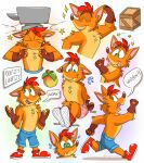 activision anthro anvil blue_bottomwear blue_clothing blue_pants blue_shorts bodily_fluids bottomwear bound box boxers_(clothing) brown_clothing brown_gloves brown_handwear brown_nose cartoony_violence clothed clothing container crash_bandicoot crash_bandicoot_(series) crying detailed_background dialog_balloon dialogue eyes_closed food fruit fur gloves gradient_background green_eyes hair handwear heart_boxers heart_clothing heart_symbol heart_underwear hi_res male mushketeery open_mouth orange_body orange_fur pants pantsless_anthro pantsless_male pink_boxers pink_clothing pink_underwear plant red_hair red_sneakers running shoelaces shorts simple_background solo sparkles tan_body tan_fur tears tongue tongue_out tongue_showing tongueshowing topless underwear