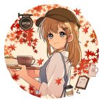  1girl apron arisa_(aren) autumn_leaves blonde_hair blue_apron blue_eyes blush border brown_hat closed_mouth coffee_beans coffee_cup collared_shirt cup disposable_cup flat_cap from_side hair_ornament hairclip hands_up hat highres holding holding_tray leaf looking_at_viewer looking_to_the_side medium_hair menu original round_image shirt signature sleeves_past_elbows smile solo teacup teapot tray turning_head upper_body white_border white_shirt 