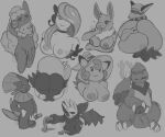 anthro big_breasts bodily_fluids braixen breasts butt cafepoke charmeleon clefable clothing damian_(revrevvin) eevee female feral fire flaccid flaming_tail generation_1_pokemon generation_4_pokemon generation_5_pokemon generation_6_pokemon generation_8_pokemon genital_fluids genitals group hat headgear headwear hi_res holding_penis jezebel_(crane) legendary_pokemon male meloetta nintendo open_mouth penis pokemon pokemon_(species) presenting presenting_hindquarters scalie sketch sketch_page smile tail thievul weavile whimsicott witch_hat