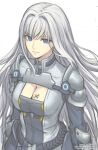  1girl artist_name blue_eyes breast_tattoo breasts cleavage cleavage_cutout closed_mouth clothing_cutout commentary ethel_(xenoblade) gofelem grey_hair grey_jacket hair_between_eyes hair_intakes jacket long_hair looking_at_viewer medium_breasts simple_background solo tattoo twitter_username unfinished upper_body very_long_hair watermark web_address white_background xenoblade_chronicles_(series) xenoblade_chronicles_3 