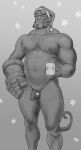  1boy absurdres bara belly blank_eyes broken_horn christmas cup demon_boy feet_out_of_frame flaccid greyscale hat hellboy hellboy_(comic) highres horns large_hands large_pectorals looking_ahead male_focus mature_male monochrome monster_boy mug muscular muscular_male mutton_chops nipples nude pectorals penis penis_sheath plump santa_hat smagma snowflake_background solo standing strongman_waist thick_thighs thighs 