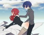  1boy 1girl blue_hair blue_sky blush clothed_sex couple headphones kirijou_mitsuru motor_vehicle motorcycle official_alternate_costume outdoors persona persona_3 persona_3_reload raygrillmasta7 red_hair s.e.e.s sex sex_from_behind sky spanked yuuki_makoto_(persona_3) 