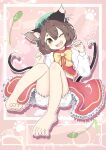  1girl ;d absurdres animal_ear_fluff animal_ears bare_legs barefoot bloomers bow bowtie brown_eyes brown_hair cat_ears cat_tail chen commentary_request double-parted_bangs fang full_body gakubutiudonn449 gold_trim hair_between_eyes hands_up happy hat head_tilt highres knees_together_feet_apart knees_up leaf light_blush long_sleeves looking_at_viewer mob_cap multiple_tails nekomata one_eye_closed open_mouth paw_pose petticoat pink_background puffy_long_sleeves puffy_sleeves red_skirt red_vest short_hair simple_background sitting skin_fang skirt skirt_set smile solo tail toes touhou two_tails vest yellow_bow yellow_bowtie 