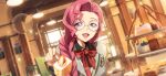  1girl arm_at_side artist_request blue_eyes blueberry blurry blurry_background bokeh bow bowtie braid breasts cafe cake cake_slice code_geass code_geass:_lost_stories cream cup depth_of_field dutch_angle euphemia_li_britannia food forehead fork fruit game_cg glasses grey_jacket hair_over_shoulder half-closed_eyes hand_up happy highres holding holding_food holding_fork incoming_food indoors jacket long_hair long_sleeves looking_at_viewer non-web_source official_art open_mouth pink_hair plaid plaid_bow plaid_bowtie red_bow red_bowtie round_eyewear school_uniform sidelocks single_braid small_breasts smile solo sparkle strawberry strawberry_shortcake tea teacup tiered_tray upper_body white-framed_eyewear 