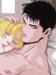  2boys ao_isami black_hair blonde_hair cheek_press couple eyelashes facial_hair hand_on_another&#039;s_head highres lewis_smith looking_at_viewer male_focus multiple_boys nude on_bed pectoral_pillow pectorals pivoine0905 saliva sideburns_stubble stubble thick_eyebrows tsurime upper_body yaoi yuuki_bakuhatsu_bang_bravern 