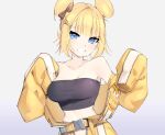  belt black_tube_top blonde_hair blue_eyes bow breasts clenched_teeth double_bun goat_king gradient_background hair_bow hair_bun hair_ornament hairclip hololive hololive_english jumpsuit large_breasts mole mole_on_breast sleeves_past_fingers sleeves_past_wrists smile strapless teeth tube_top upper_body virtual_youtuber watson_amelia watson_amelia_(astronaut) white_background yellow_jumpsuit 