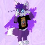 anthro canid canine chico_moedas clothing fox fur inner_ear_fluff joso_(joso) male mammal miriarts purple_body purple_fur shirt solo t-shirt topwear tuft