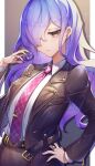  1girl artist_request black_jacket breasts cerejeira_elron fate/grand_order fate_(series) grey_eyes highres jacket jewelry large_breasts long_hair looking_at_viewer multicolored_hair necktie open_clothes open_jacket purple_lips purple_necktie ring skull_ring 