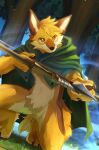 anthro arrow_(weapon) blonde_hair bow_(weapon) brown_body brown_fur canid cape clothing featureless_crotch front_view fur green_cape green_clothing hair hi_res holding_arrow holding_bow_(weapon) holding_object holding_weapon kuttoyaki ley_(leey) male mammal mouth_closed orange_eyes plant ranged_weapon solo standing tree weapon white_body white_fur yellow_body yellow_fur