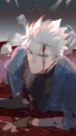  1boy absurdres blood blood_on_face blue_coat blue_eyes coat cumcmn devil_may_cry_(series) devil_may_cry_3 fingerless_gloves gloves hair_slicked_back highres holding looking_at_viewer male_focus solo vergil_(devil_may_cry) white_hair 