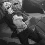  1boy absurdres aventurine_(honkai:_star_rail) bed eye_mask greyscale hair_between_eyes highres honkai:_star_rail honkai_(series) lying male_focus masturbation midriff monochrome navel official_alternate_costume on_back on_bed pajamas pillow shjin_cut short_hair solo 