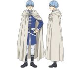  1boy black_footwear blue_hair blue_tunic boots cloak full_body hand_on_own_hip himmel_(sousou_no_frieren) hood hood_down hooded_cloak official_art panties profile reference_sheet short_hair smile solo sousou_no_frieren transparent_background underwear white_cloak white_panties 