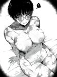  1girl absurdres black_hair breasts burn_scar glasses greyscale highres jujutsu_kaisen large_breasts looking_at_viewer monochrome muscular muscular_female non-web_source round_eyewear scar short_hair sweat towel zen&#039;in_maki zovokia 