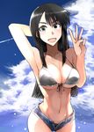  :d arm_behind_head bikini black_bikini black_eyes black_hair blush breasts cloud cosaten cutoffs day large_breasts long_hair looking_at_viewer middle_w navel open_mouth school_rumble short_shorts shorts smile solo suou_mikoto swimsuit underboob 