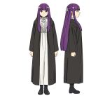  1girl black_coat black_footwear blunt_bangs boots coat dress expressionless fern_(sousou_no_frieren) full_body long_hair official_art open_clothes open_coat profile purple_eyes purple_hair reference_sheet sidelocks solo sousou_no_frieren standing transparent_background white_dress 