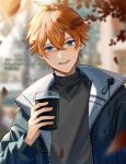  1boy black_jacket black_sweater blue_eyes cup earrings genshin_impact hair_between_eyes highres holding holding_cup jacket jewelry male_focus miyanami_3 open_mouth orange_hair short_hair single_earring solo sweater tartaglia_(genshin_impact) turtleneck turtleneck_sweater 