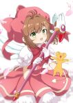  1girl :d antenna_hair bow brown_hair cardcaptor_sakura commentary_request dress feathers gloves green_eyes hair_intakes highres holding holding_wand kero_(cardcaptor_sakura) kinomoto_sakura looking_at_viewer massala petals pink_dress pink_feathers pink_hat pleated_dress puffy_short_sleeves puffy_sleeves red_bow shirt short_sleeves simple_background sleeveless sleeveless_dress smile wand white_background white_gloves white_shirt 
