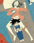  1boy 1girl absurdres barefoot black_hair bulma closed_eyes commentary dragon_ball dragon_ball_(classic) english_commentary green_hair highres monkey_tail nihonga on_bed pajamas panties pillow polka_dot polka_dot_panties sei5osuzuki sleeping smile son_goku tail underwear 