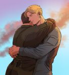  2boys ao_isami bara black_hair blonde_hair couple cowboy_shot facial_hair from_side happy highres hug lewis_smith male_focus multiple_boys sideburns_stubble stubble sunset thick_eyebrows yamuzo_(yamyamzozo) yaoi yuuki_bakuhatsu_bang_bravern 